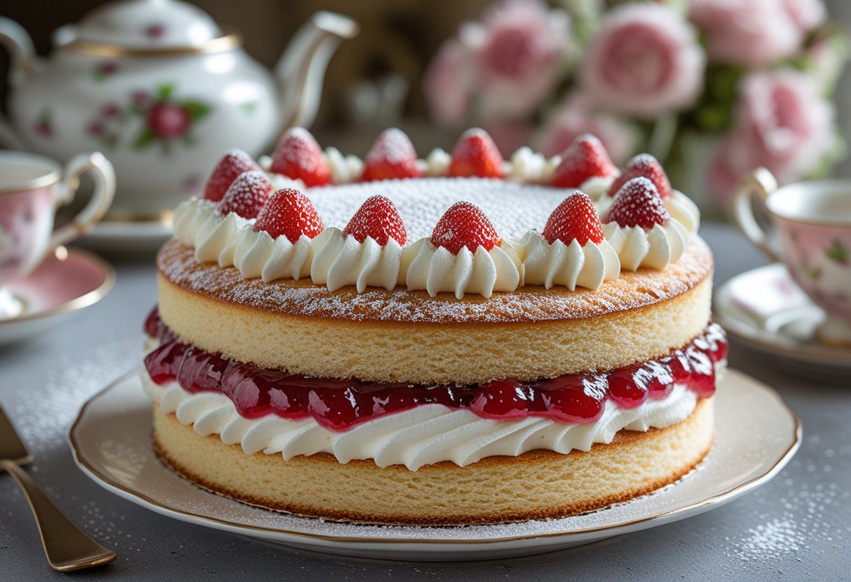 Mary Berry Victoria sponge easy recipe showing fluffy sponge texture, strawberry jam filling and fresh cream, traditional British sponge cake with perfect rise.