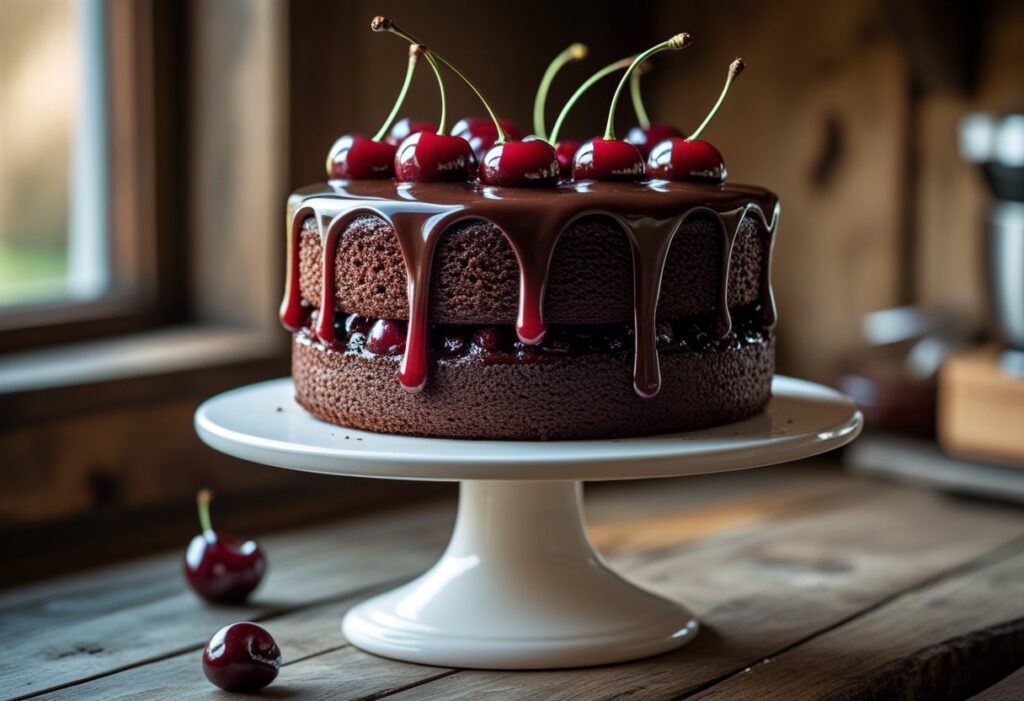 Mary Berry chocolate and cherry cake easy bake recipe with rich cocoa sponge, juicy glacé cherries, and glossy chocolate ganache on a cake stand