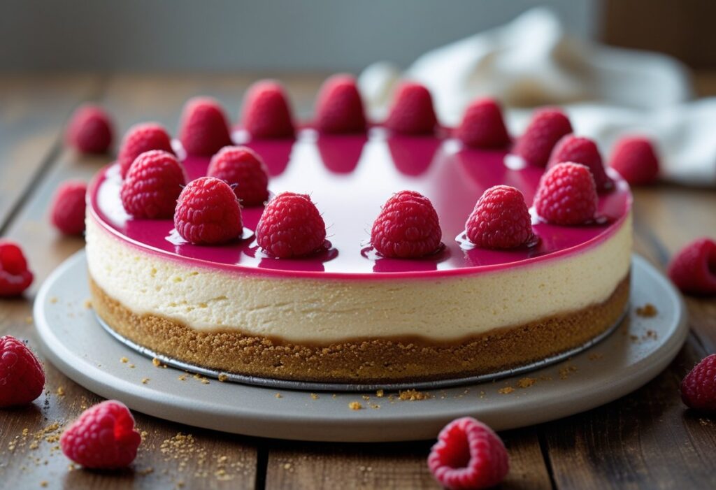 Mary Berry raspberry cheesecake easy recipe with a smooth baked cheesecake texture, raspberry topping, and buttery digestive biscuit cheesecake base displayed on a rustic table