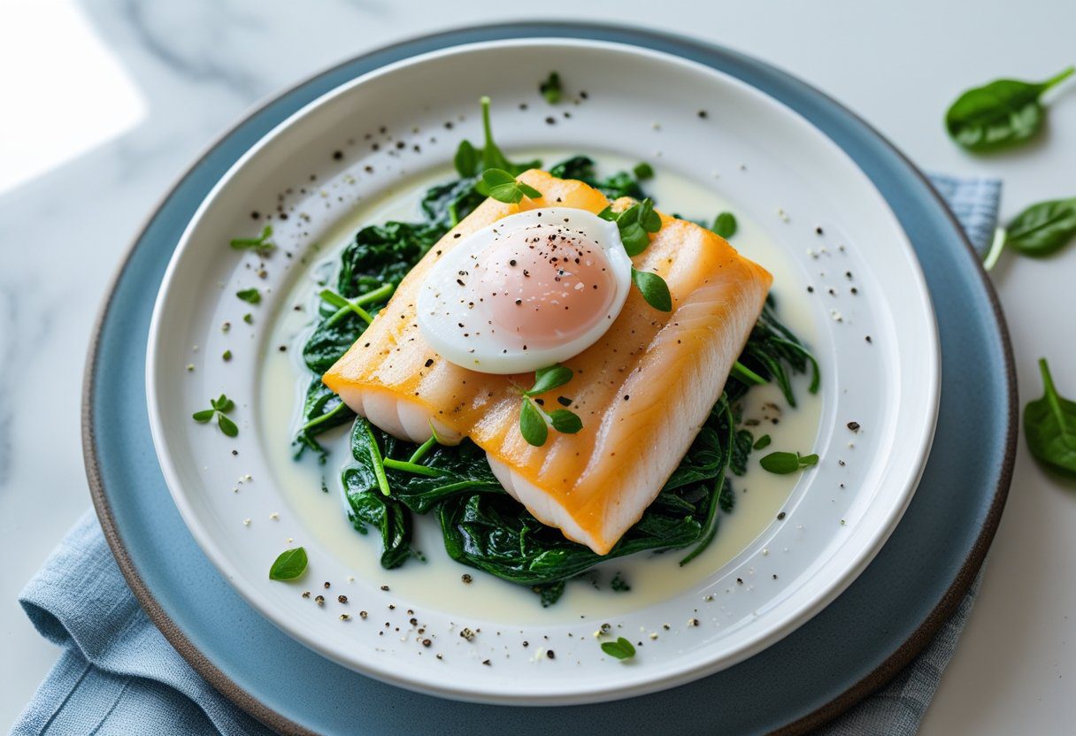 Mary Berry smoked haddock with wilted spinach and poached egg, garnished with fresh herbs and black pepper, served on a white plate