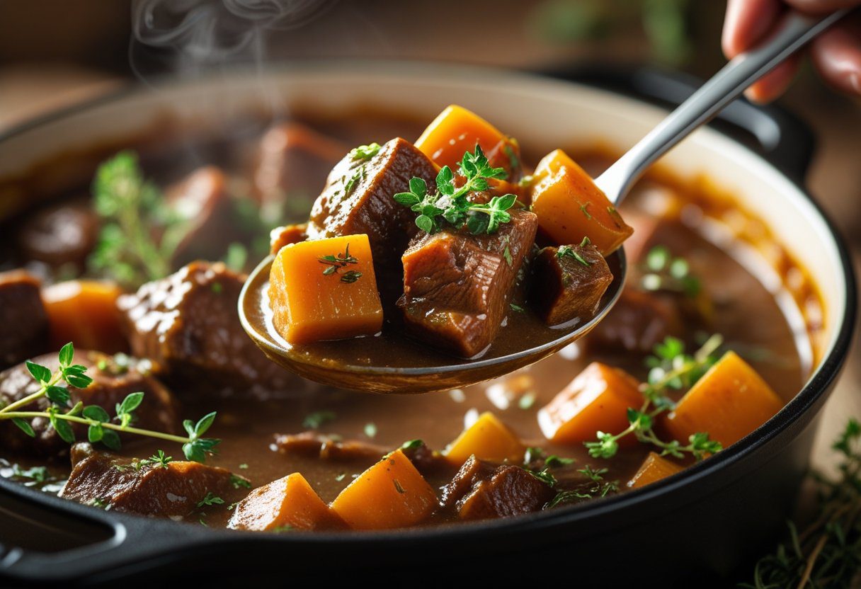 Mary Berry style venison casserole with tender venison chunks, root vegetables, and thick oven-baked gravy