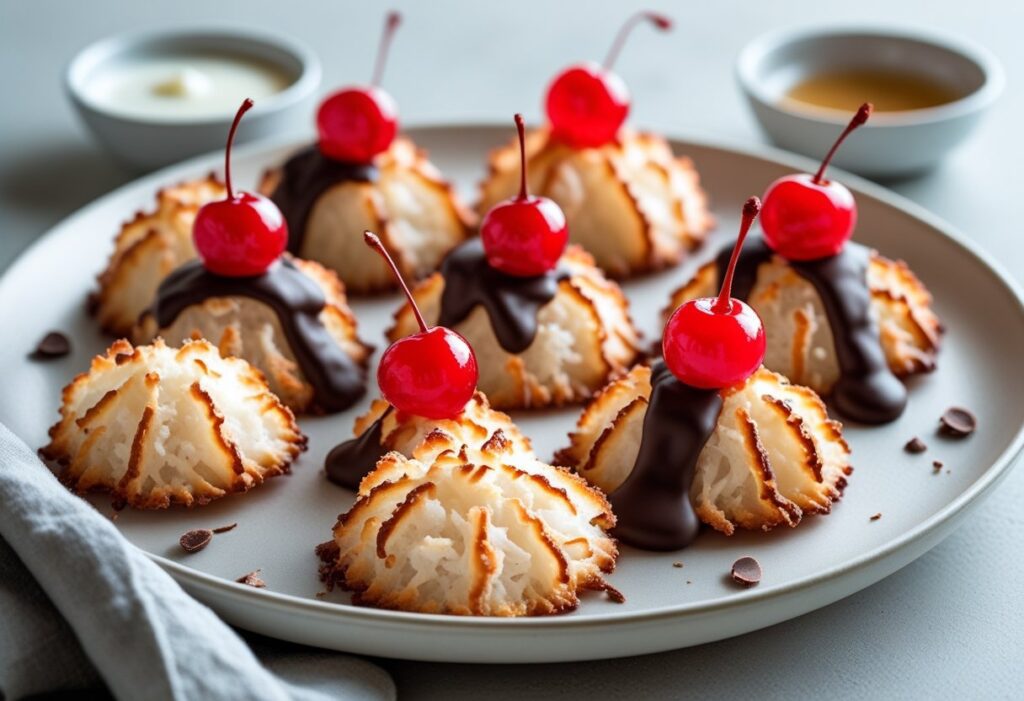 Mary Berry's easy coconut macaroons recipe with golden-brown, crispy exteriors and chewy centers. Some macaroons are topped with melted chocolate and glace cherries, showcasing the perfect homemade treat
