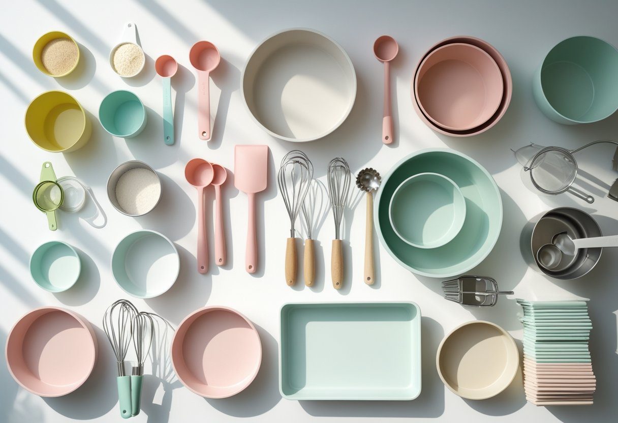 Minimalist flat lay of basic beginner baking tools including spatulas, measuring cups, whisks, mixing bowls, and baking pans arranged aesthetically for a home baking guide.