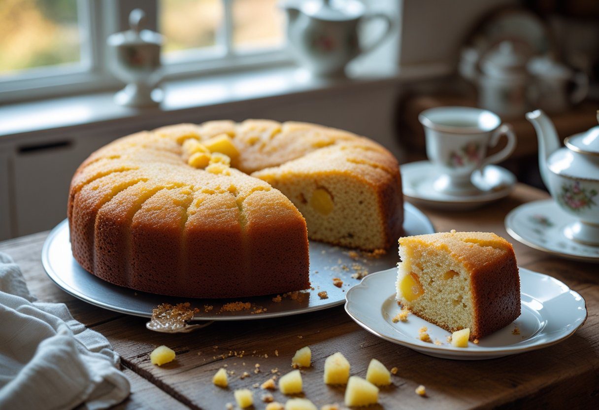 Moist and soft Easy Pineapple Fruit Cake Mary Berry Style showing golden crumb with mixed dried fruit and crushed pineapple, styled like a traditional British pineapple cake recipe.