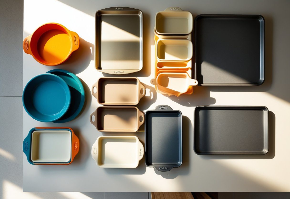 Overhead view of different safe non stick bakeware options including PTFE pans, ceramic trays, and carbon steel sheets, highlighting PFOA-free and oven-safe bakeware for choosing non stick bakeware safely.