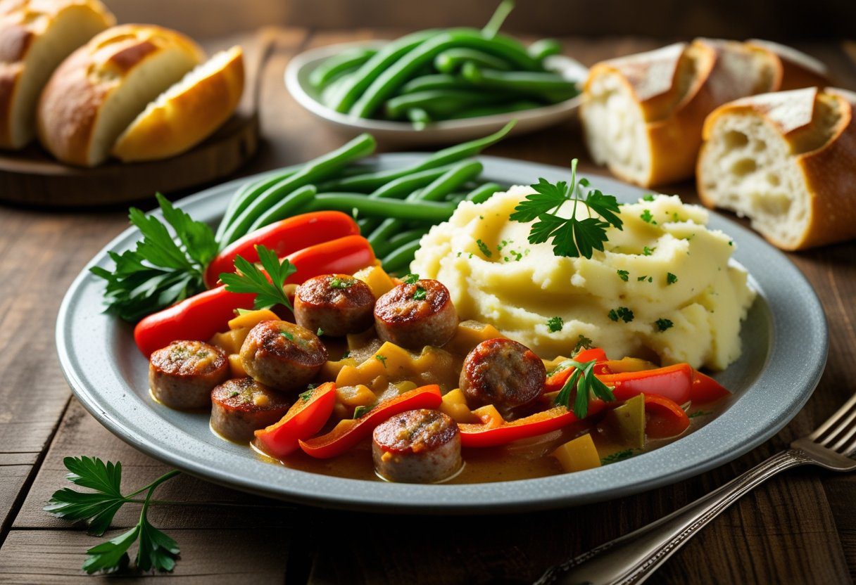 Plated Mary Berry Sausage & Red Pepper Casserole served with mashed potatoes, green beans, and crusty bread – flavorful easy casserole recipe for family meals.