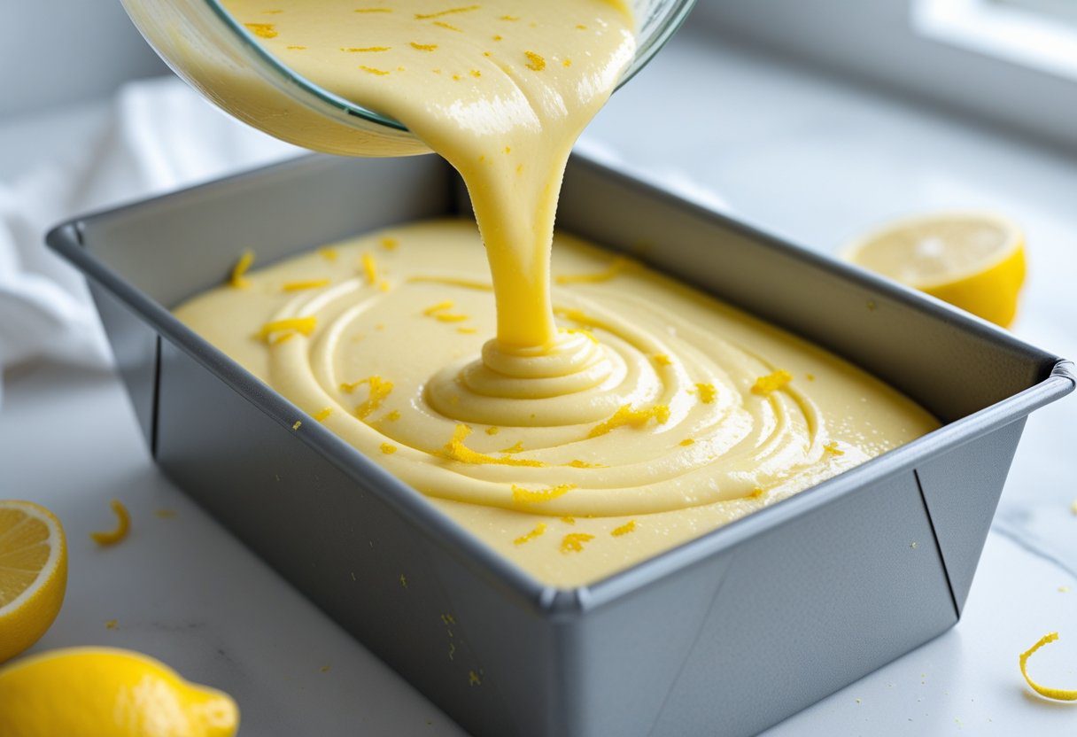 Pouring lemon madeira cake batter into loaf tin showing madeira cake with lemon zest and one-bowl madeira cake recipe preparation