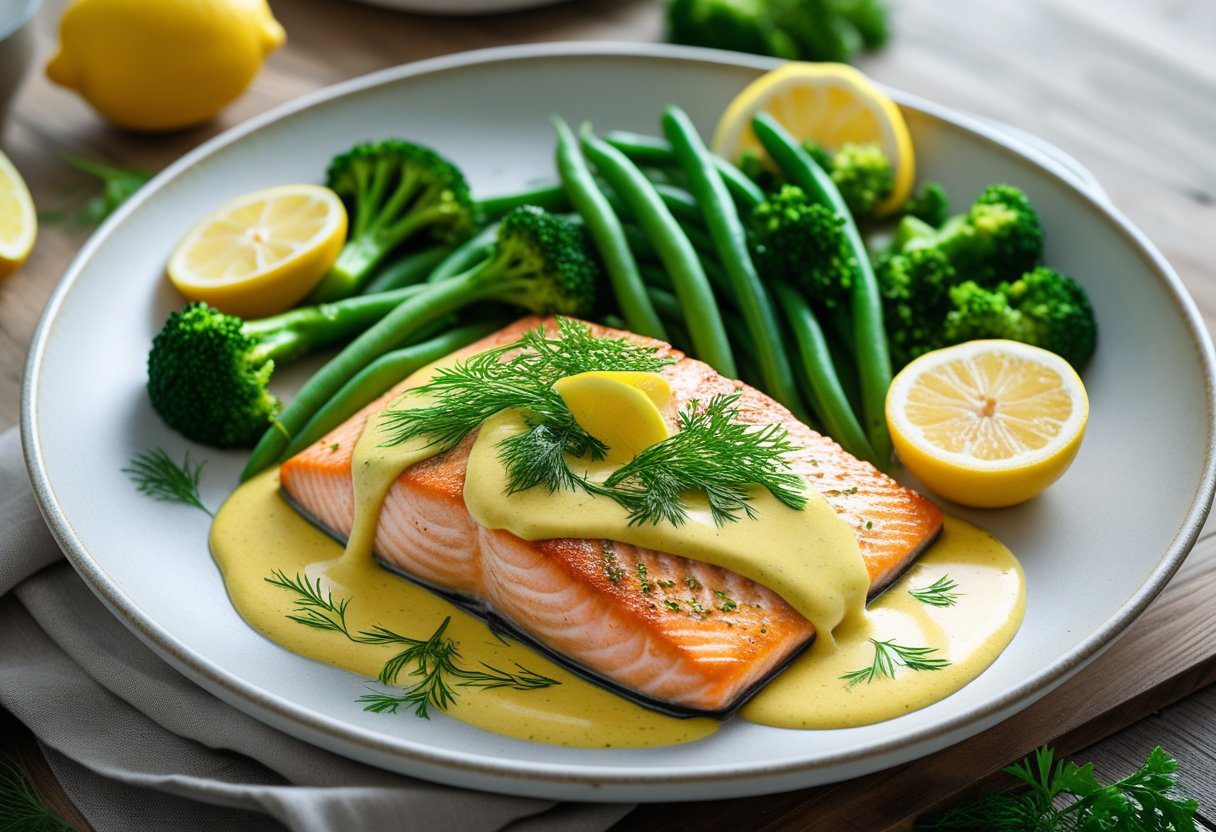 Quick and easy Mary Berry salmon recipe, pan-seared with creamy mustard sauce, served with fresh green vegetables and lemon slices