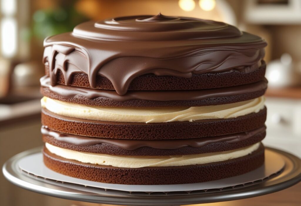 Rich layered chocolate sponge cake with smooth chocolate icing inspired by Mary Berry Very Best Chocolate Cake Easy Recipe, showing moist texture and glossy frosting