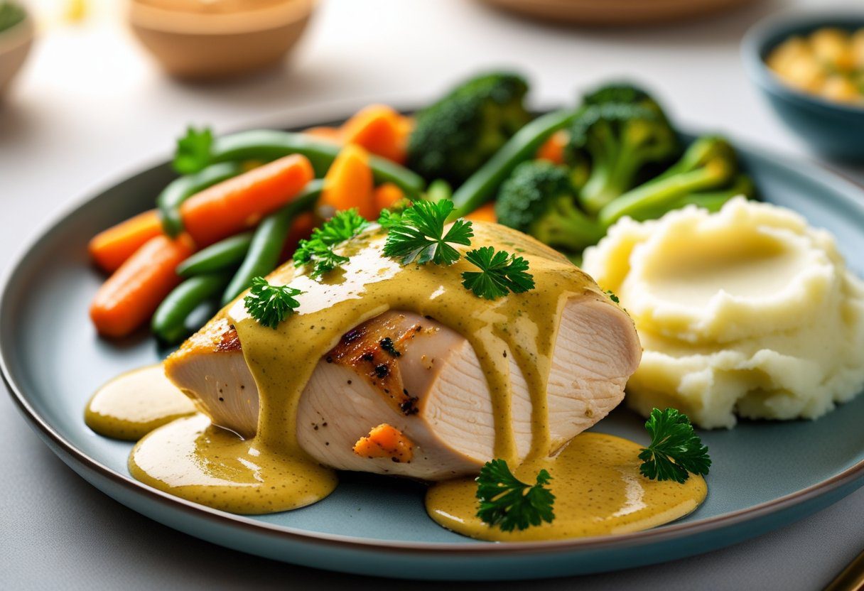 Served Mary Berry Dijon chicken with creamy mustard sauce, parsley garnish, mashed potatoes and vegetables – easy, comforting dinner recipe