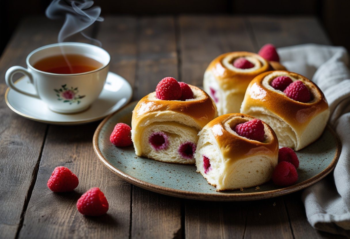 Served Mary Berry Raspberry Buns with soft fluffy texture and raspberry pockets, paired with English breakfast tea, cozy British baking scene