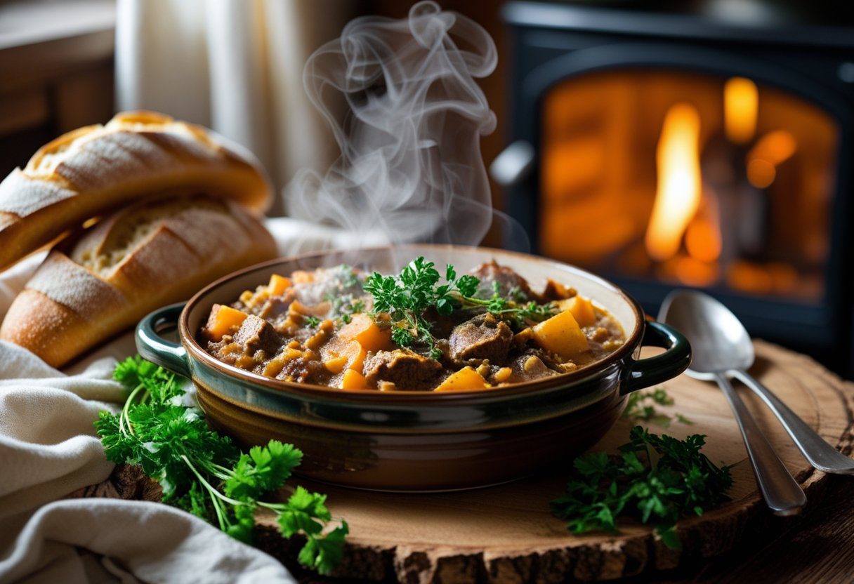 Served Mary Berry Venison Casserole Easy Bake Recipe with root vegetables, crusty bread, and fresh herb garnish on cozy table