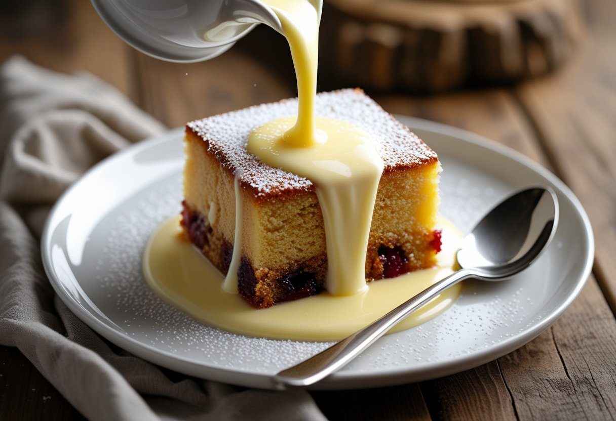 Serving Mary Berry Eve’s Pudding with custard, golden soft sponge and stewed apples – classic British dessert, family-friendly pudding, easy apple pudding recipe.