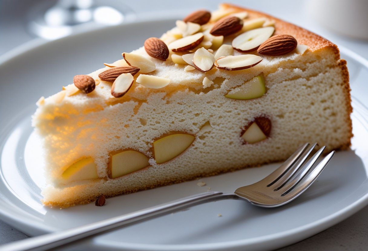 Slice of Mary Berry Apple and Almond Cake showing moist almond sponge and almond and apple combination, an easy cake recipe for tea time treats or dessert with cream.