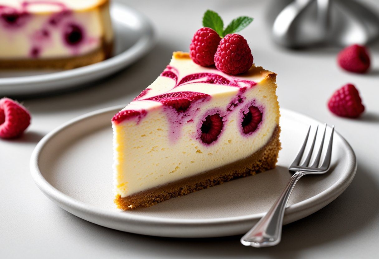 Slice of creamy raspberry cheesecake Mary Berry style showing clean cut, fluffy cheesecake texture, raspberry swirl, and crisp biscuit crust on a white plate