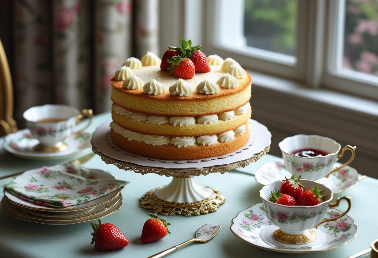 Traditional Mary Berry Victoria sponge cake served for afternoon tea with jam and cream filling, classic British dessert recipe with light fluffy sponge layers.