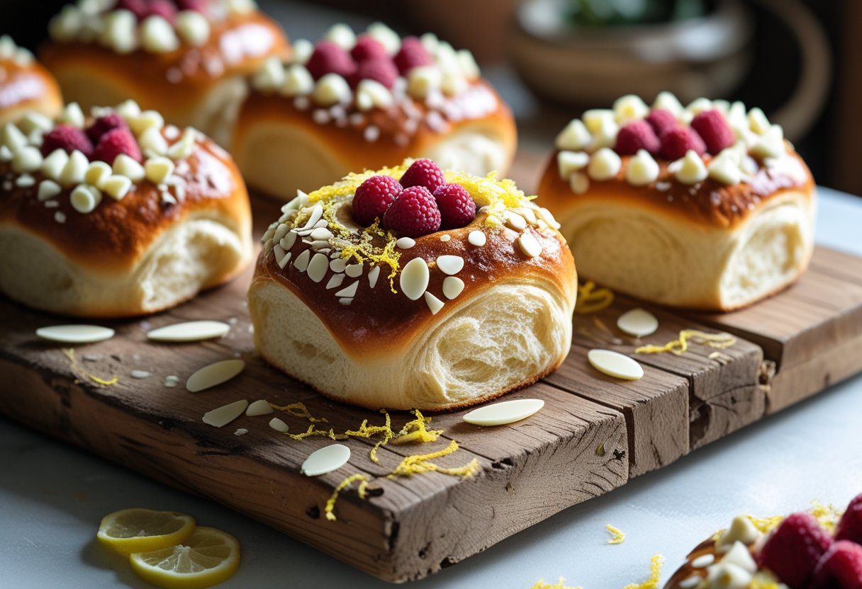 Varieties of Mary Berry Raspberry Buns with white chocolate chips, almonds, and lemon zest, visually appealing, classic British baking recipe”