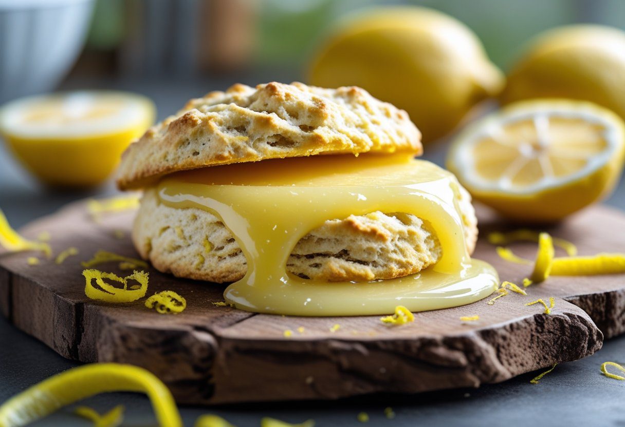 Warm scone spread with smooth, tangy Mary Berry lemon curd, surrounded by fresh lemons and lemon zest on a rustic kitchen board.