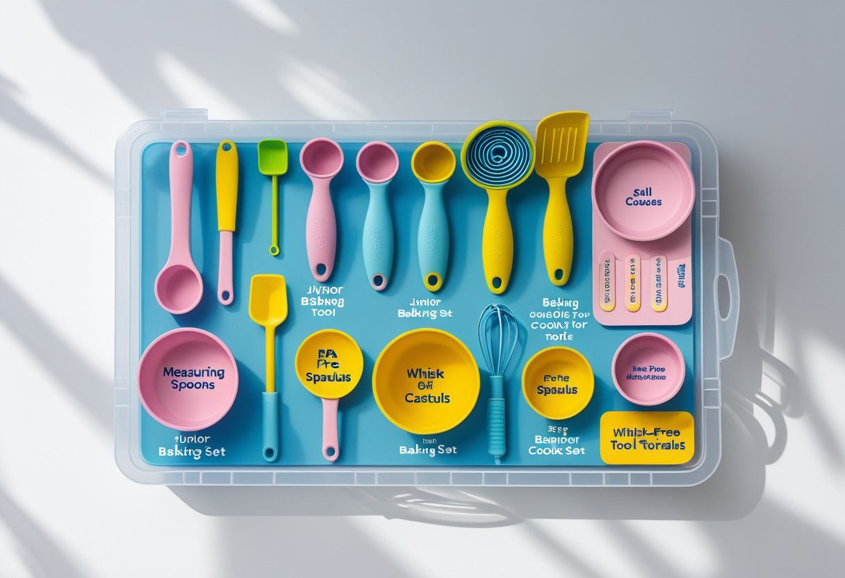 complete baking starter kit for kids arranged step-by-step with easy baking tools for beginners, safe cooking gadgets, and junior baking set items