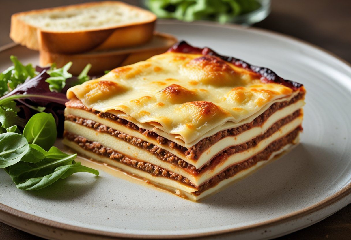erved slice of Mary Berry Easy Lasagne with Crème Fraîche showing layered beef mince and creamy cheese topping, plated with garlic bread and green salad, family dinner comfort food.