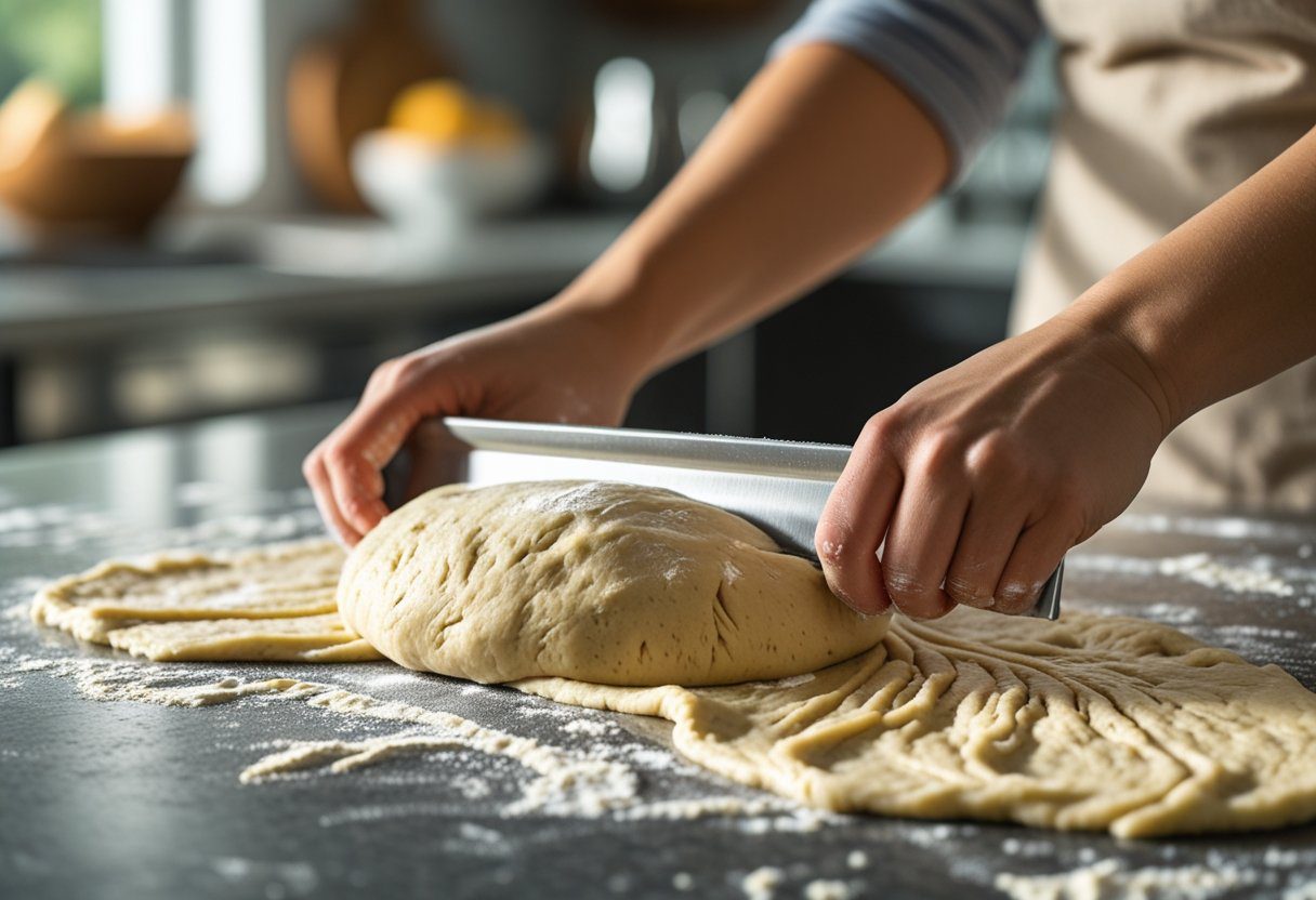 kneading dough with a scraper using the stretch-and-fold method to handle sticky dough, demonstrating dough shaping workflow and gluten development technique