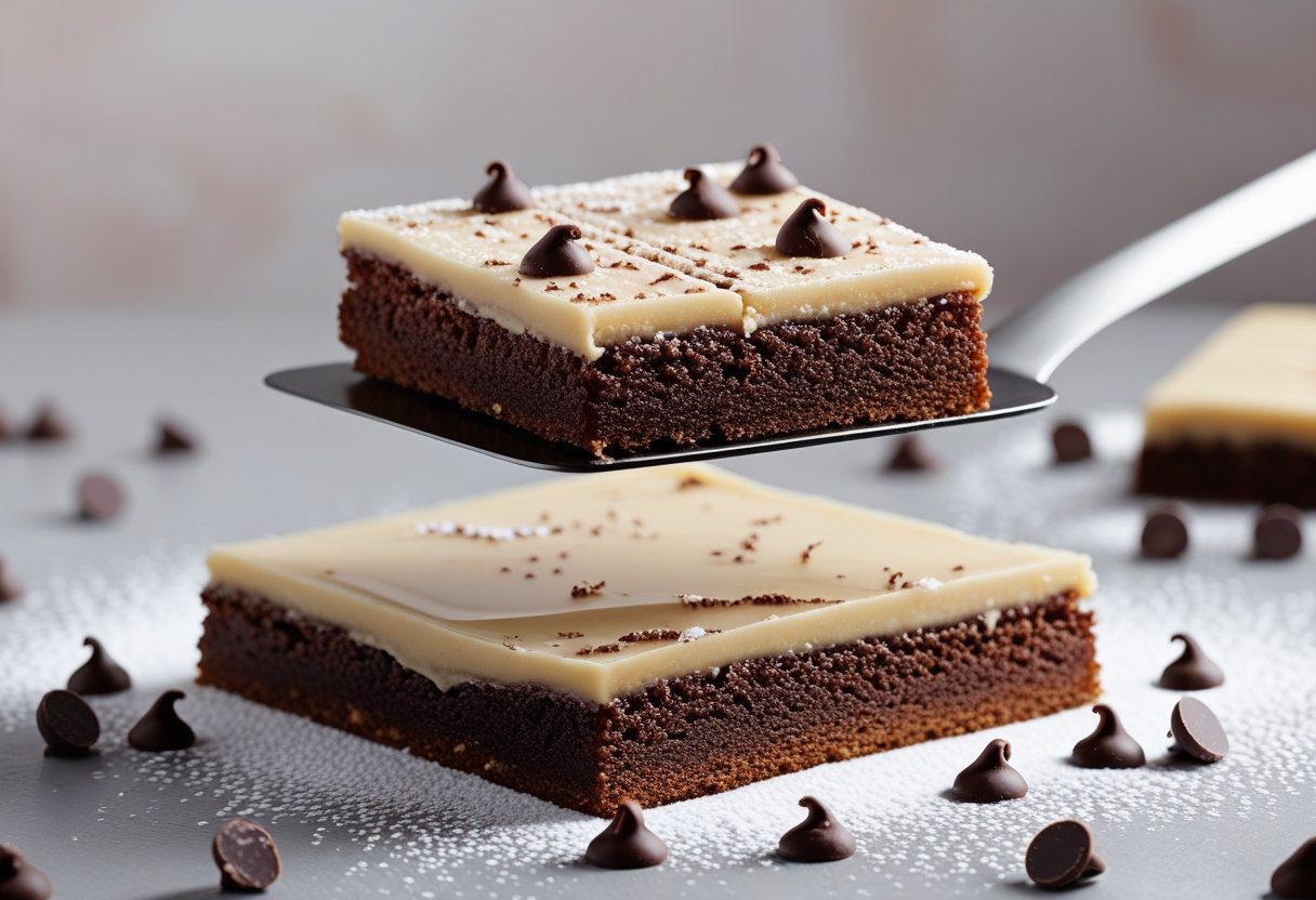 moist chocolate traybake square from Mary Berry Chocolate Traybake recipe, topped with glossy chocolate icing and chocolate chips, perfect for easy family traybake or party traybake.