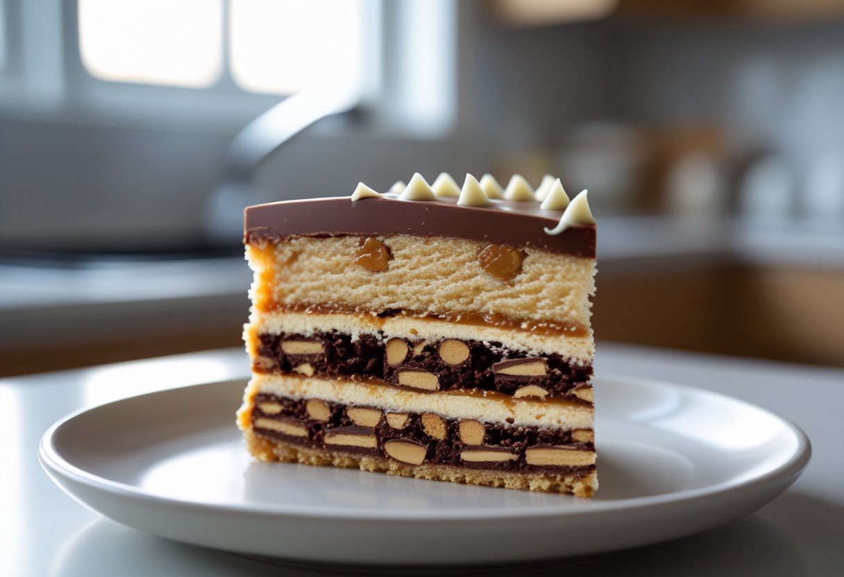 slice of Mary Berry Mars Bar Cake Easy Recipe with gooey chocolate and caramel layers, crunchy biscuit base, milk chocolate topping, showcasing an irresistible no-bake dessert.