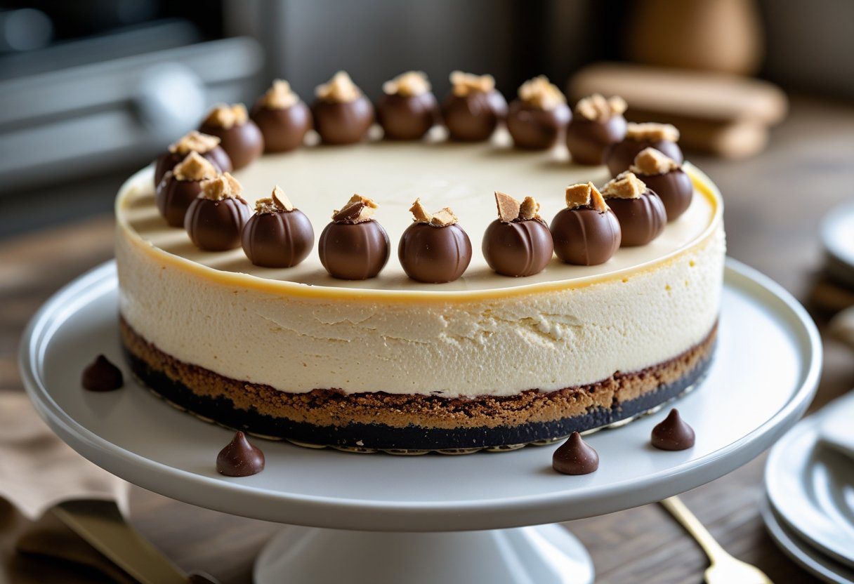 Mary Berry Malteser Cheesecake easy recipe quick treat on a white cake stand, creamy chocolate filling, buttery biscuit base, topped with whole and crushed Maltesers, styled in a cozy rustic kitchen with natural lighting