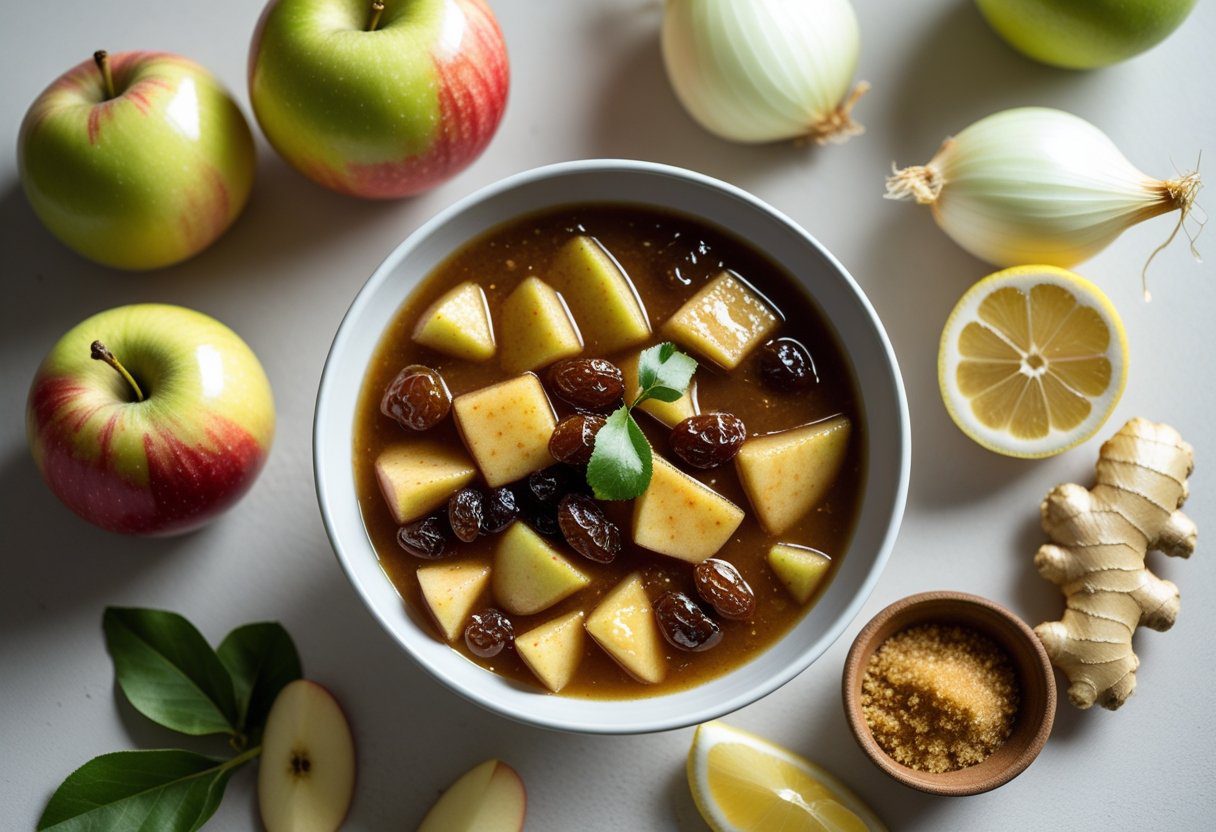 Bright overhead bowl of homemade apple chutney recipe using apples, vinegar, and warm spices, highlighting a traditional British apple chutney with thick, naturally simmered texture