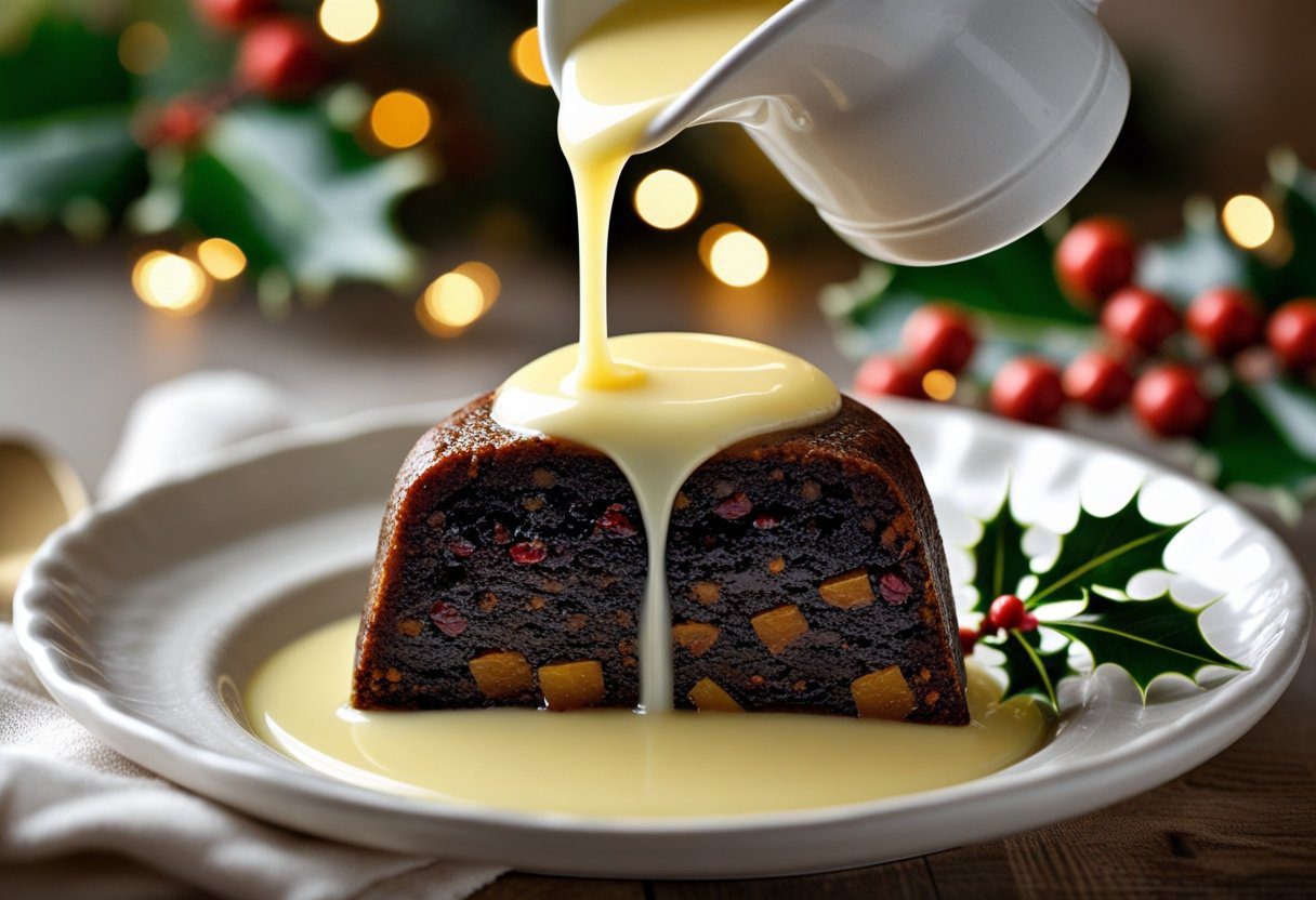 Christmas pudding with brandy butter and custard served as a traditional British festive pudding dessert