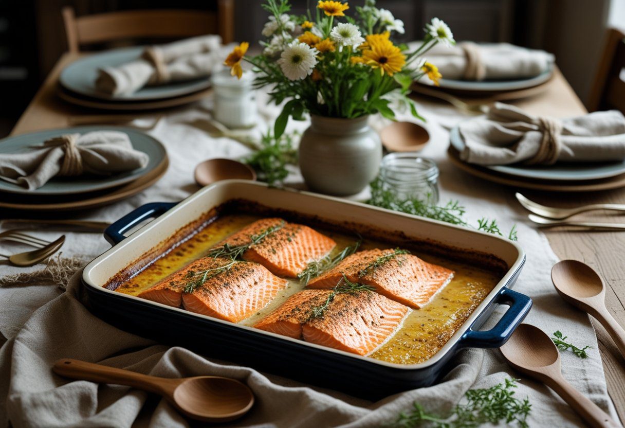 Family-style table setting with Mary Berry salmon tray bake served fresh from the oven – colourful vegetables and juicy salmon for a simple healthy tray bake dinner