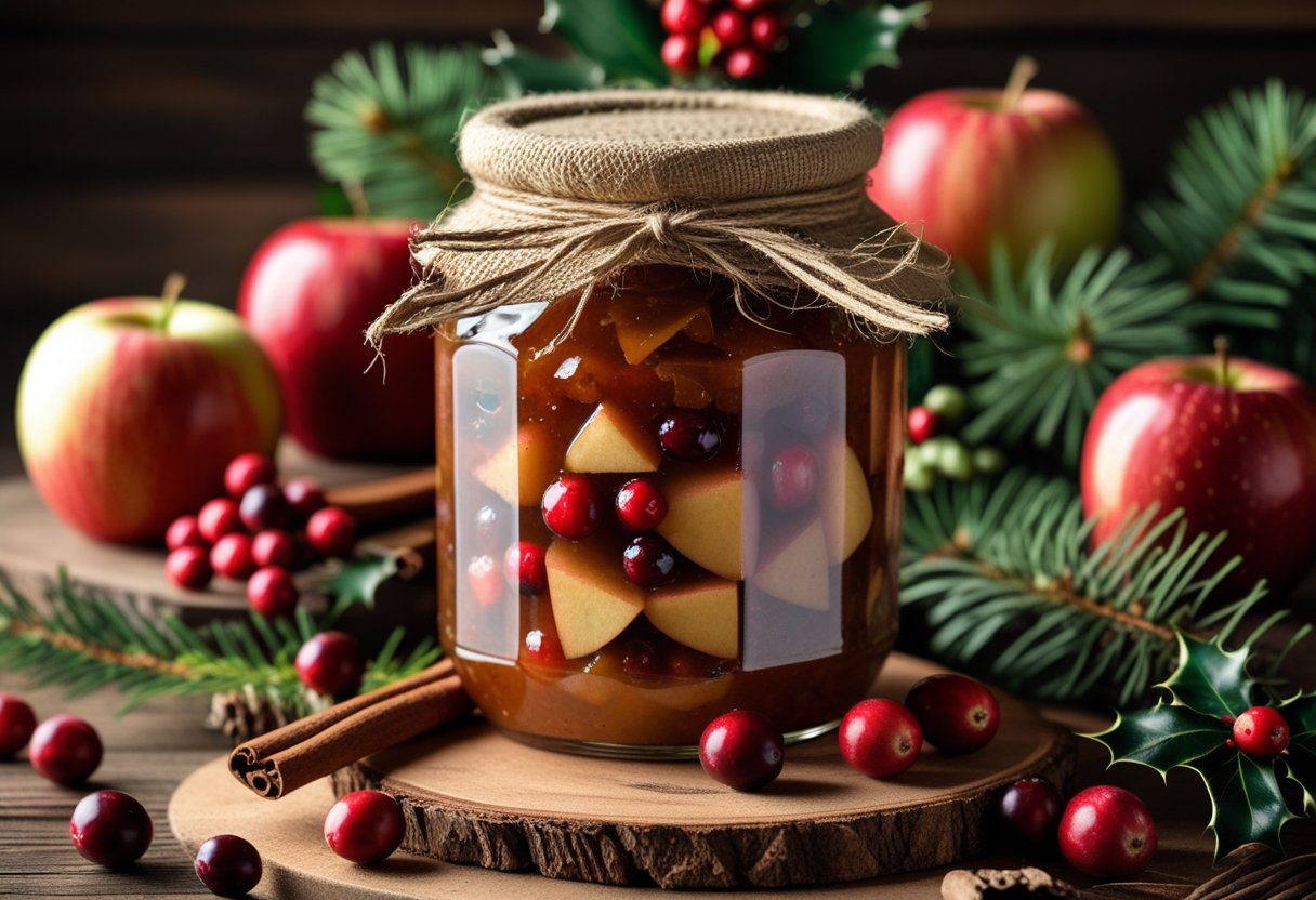 Festive apple chutney with raisins featuring warm spices and cranberries, representing a Festive apple chutney homemade holiday-style British preserve