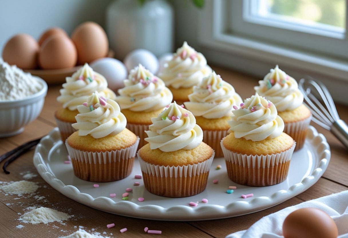 Freshly baked Mary Berry vanilla cupcakes recipe with creamy buttercream frosting on a rustic table, soft fluffy vanilla cupcakes recipe with golden sponge in a classic British vanilla cupcakes recipe style.