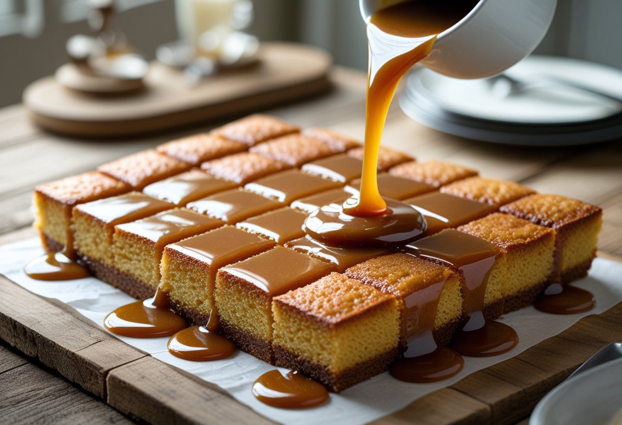 Freshly baked traybake of traditional British sticky toffee pudding inspired by the Mary Berry sticky toffee pudding recipe, drizzled with warm caramel sauce