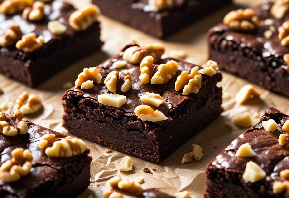 Fudgy Mary Berry Walnut and Chocolate Brownies Recipe featuring a glossy top, chopped walnuts, and dark chocolate ingredients, showing rich cocoa flavour and classic British-style chocolate brownies