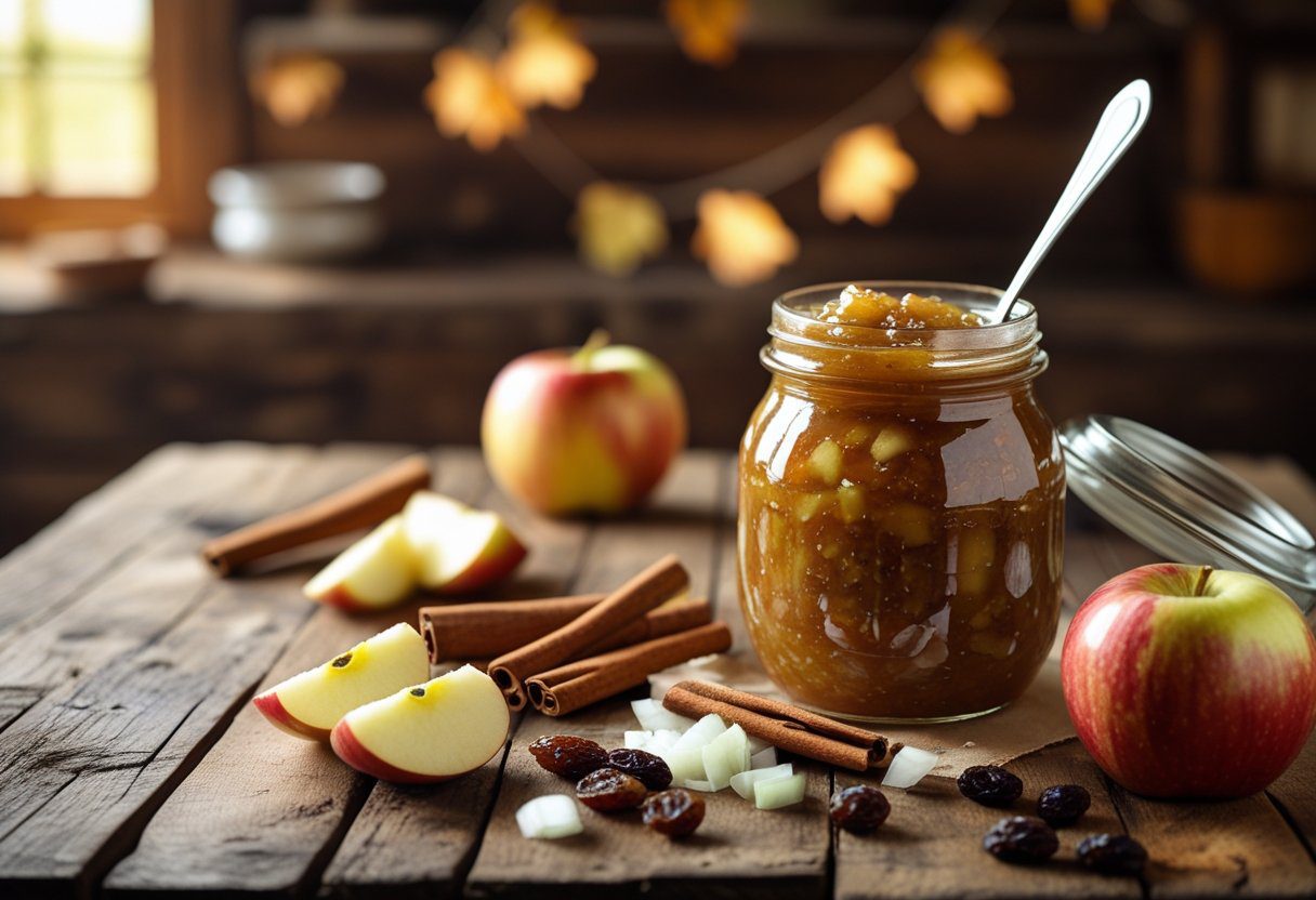 Homemade Mary Berry apple chutney in a rustic jar with apples, onions, raisins, and spices, showcasing the Mary Berry Apple Chutney Recipe Homemade Flavor Made Easy with sweet and tangy preserve texture.