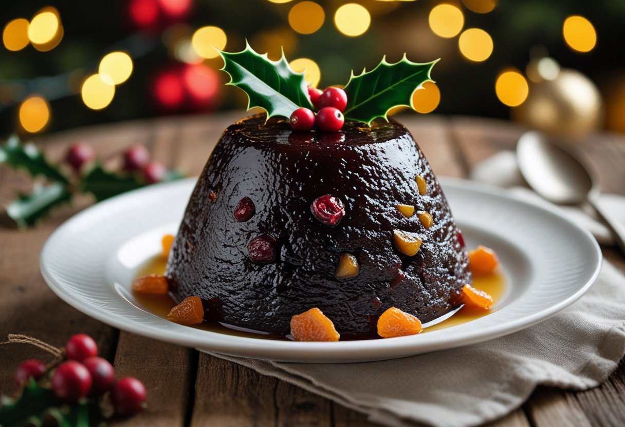 Mary Berry Christmas pudding ultimate festive dessert served on a plate, traditional British Christmas pudding with dried fruit and spices on a festive holiday table