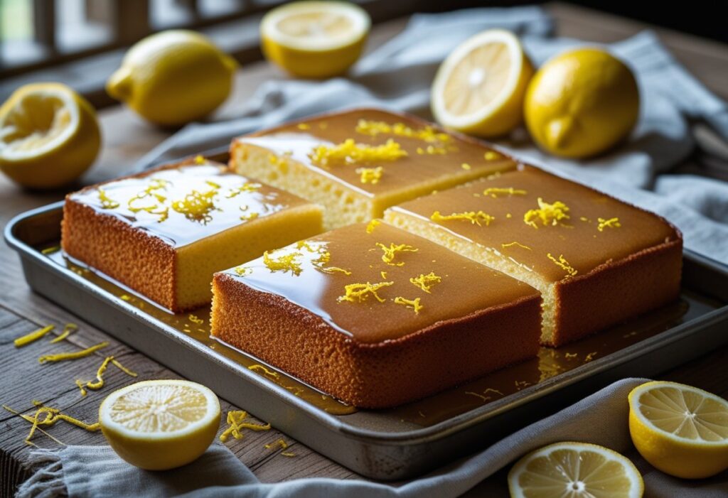 Mary Berry lemon drizzle traybake recipe easy zesty bake, golden moist lemon drizzle traybake with lemon syrup drizzle and fresh lemons on a rustic table.