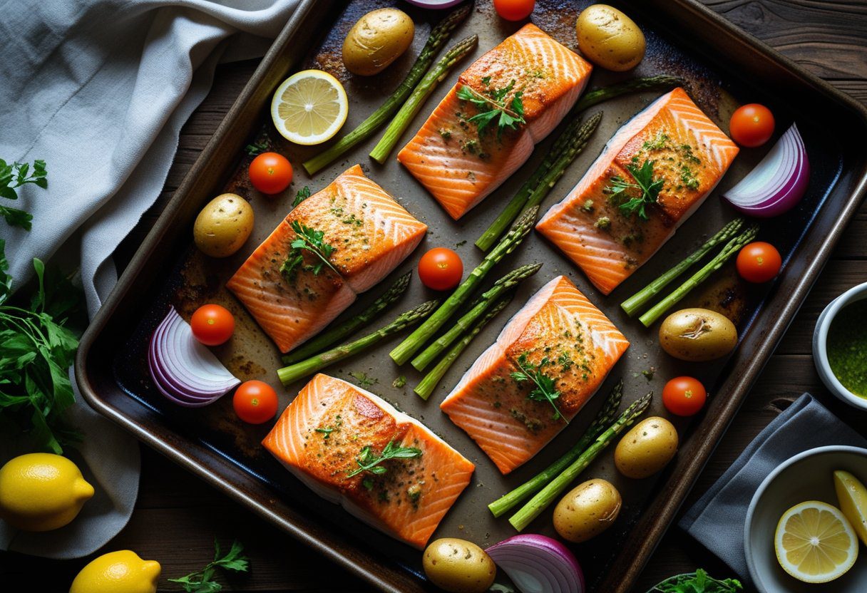 Mary Berry salmon tray bake with roasted salmon fillets, baby potatoes, cherry tomatoes, asparagus, and lemon slices – quick healthy bake recipe displayed in a one-pan meal
