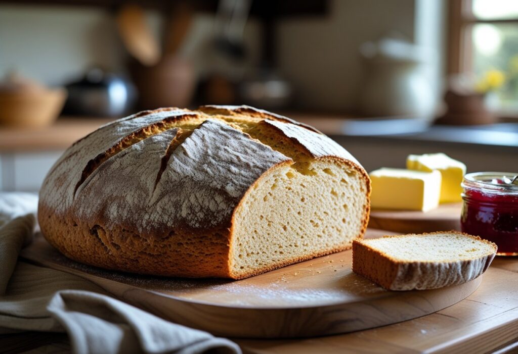 Mary Berry soda bread recipe freshly baked rustic Irish soda bread loaf with golden crust and soft crumb sliced on wooden board with butter – easy Mary Berry soda bread recipe homemade bread without yeast