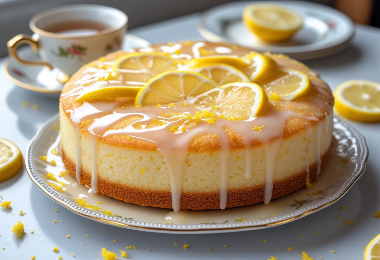 Slice of Mary Berry lemon drizzle traybake showing fluffy lemon sponge traybake texture with sweet and tangy drizzle served for afternoon tea
