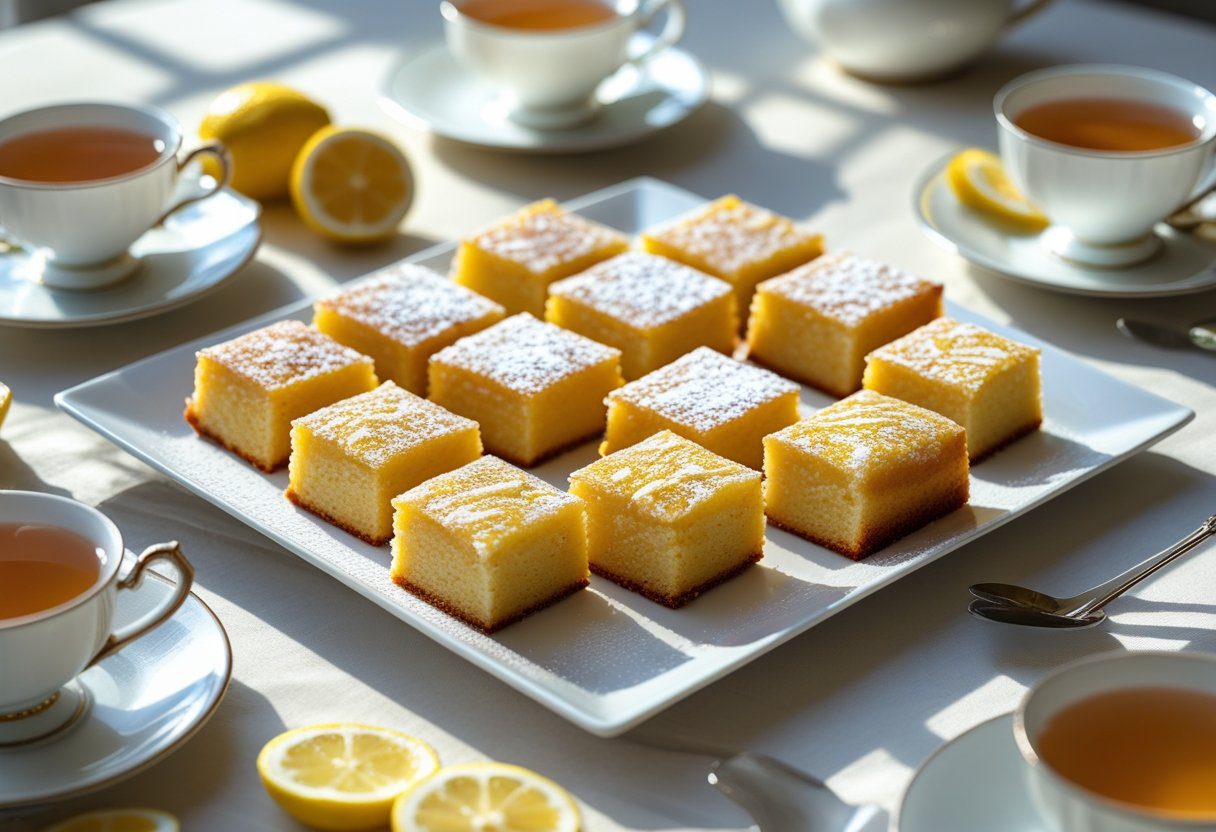 Slices of traditional lemon drizzle traybake served as lemon traybake for afternoon tea with fresh lemon garnish.