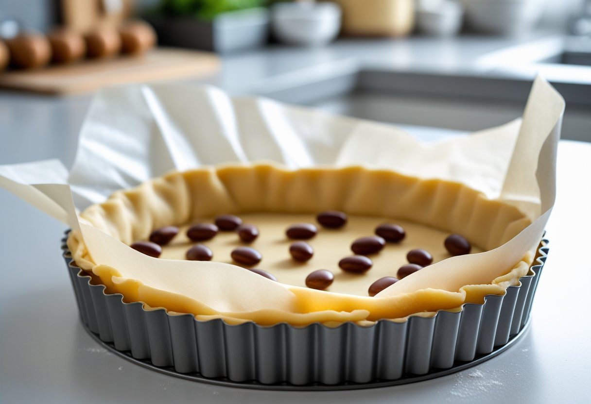 Tart tin lined with Sweet shortcrust pastry Mary Berry style, filled with baking beans to show proper blind baking technique and how to prevent soggy bottoms