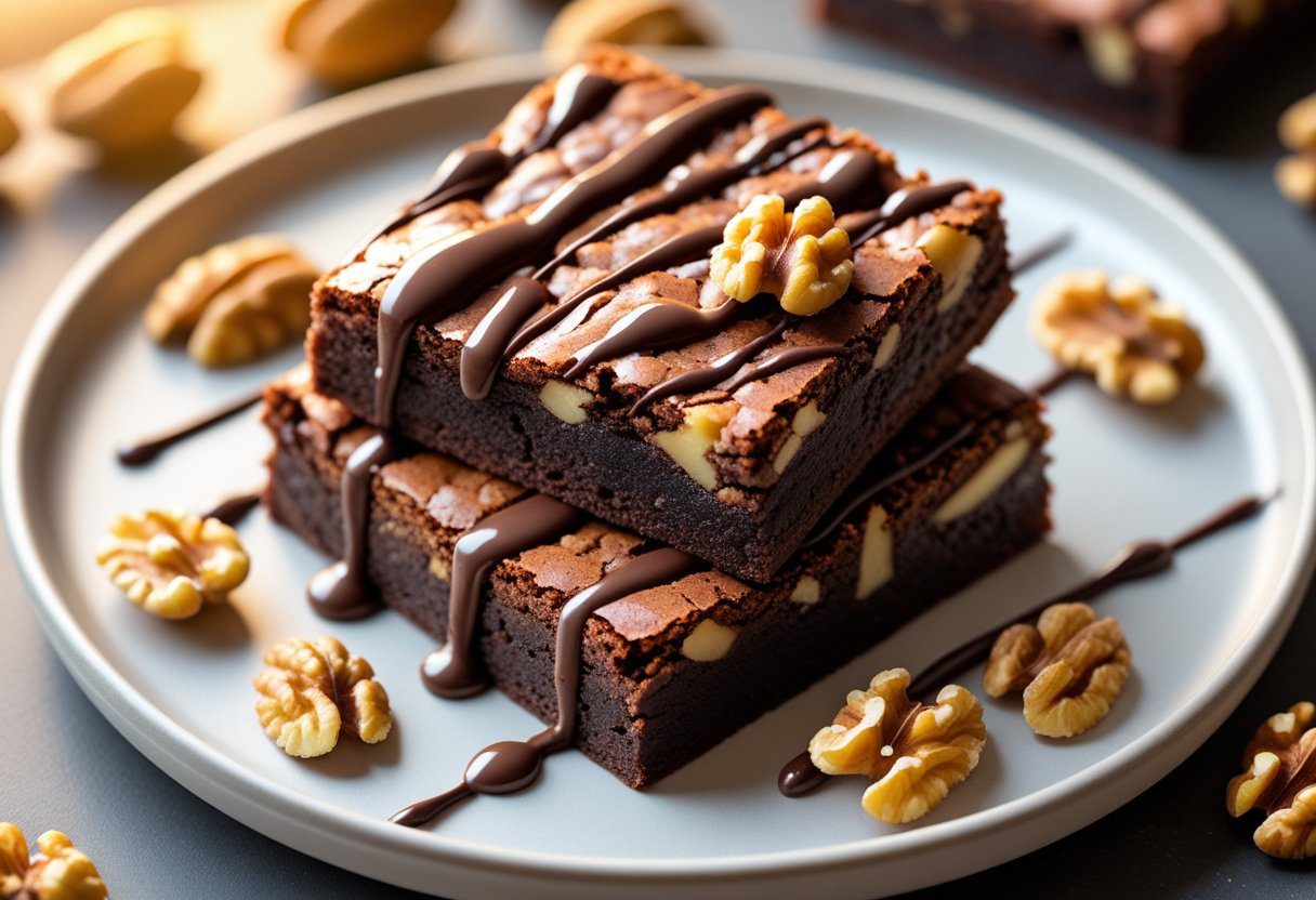 Tray of dark chocolate walnut brownies with buttery chocolate brownie squares, chopped walnuts in desserts, and soft, gooey brownie slices inspired by Mary Berry baking recipes.
