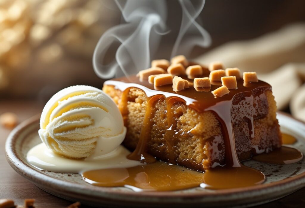 Warm sticky toffee pudding sliced and topped with rich toffee butterscotch sauce, showing moist sponge texture in a classic Best Sticky Toffee Pudding Easy Mary Berry-Style Recipe presentation