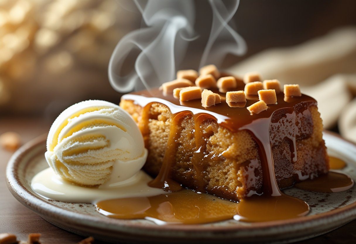 Warm sticky toffee pudding sliced and topped with rich toffee butterscotch sauce, showing moist sponge texture in a classic Best Sticky Toffee Pudding Easy Mary Berry-Style Recipe presentation