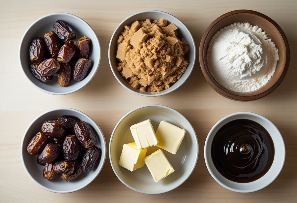 classic sticky toffee pudding with dates, including brown sugar, dates, treacle, self-raising flour, and butter for a homemade sticky toffee pudding dessert.