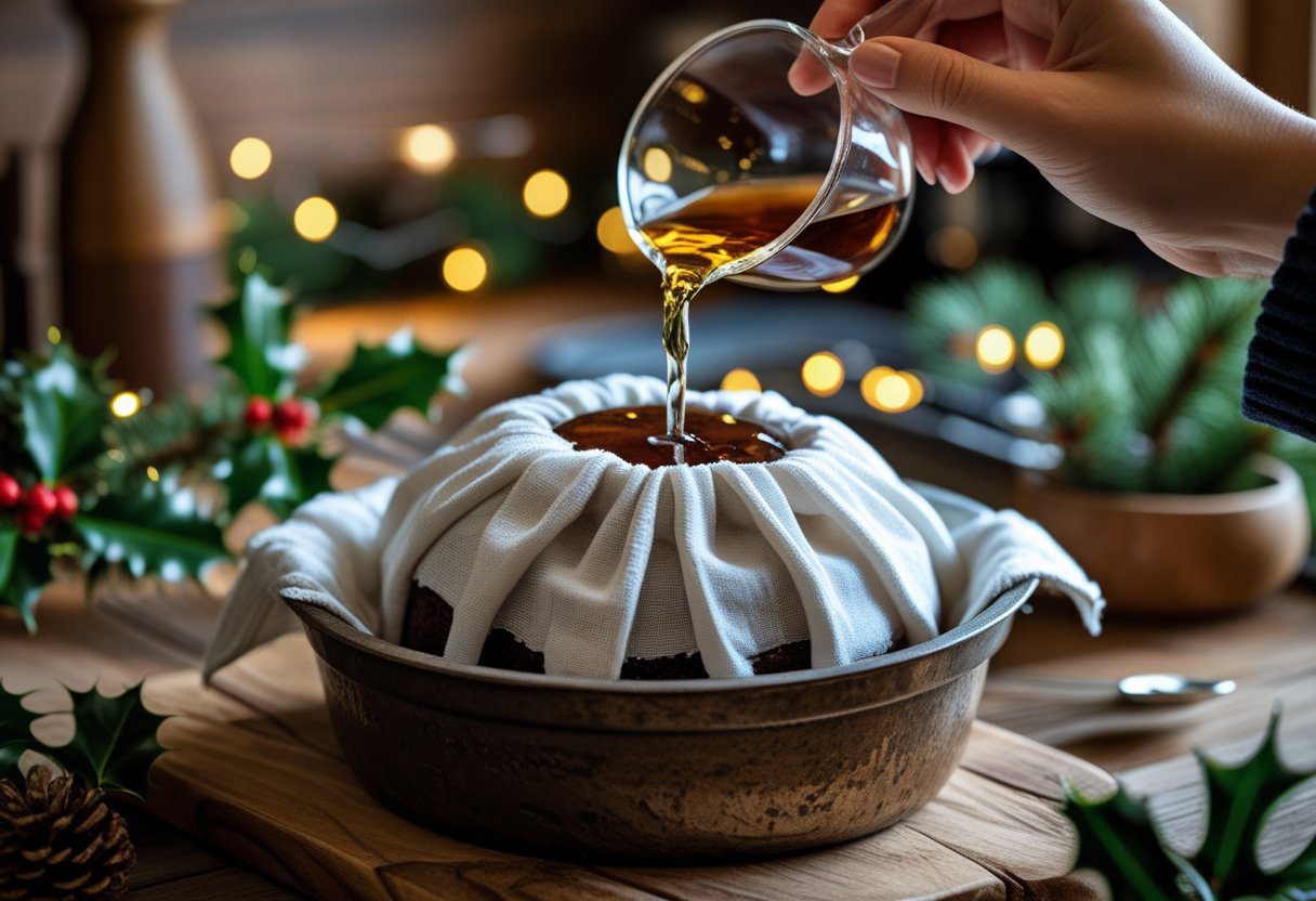 feeding Christmas pudding with alcohol to create a rich brandy soaked Christmas pudding for make ahead Christmas pudding recipe