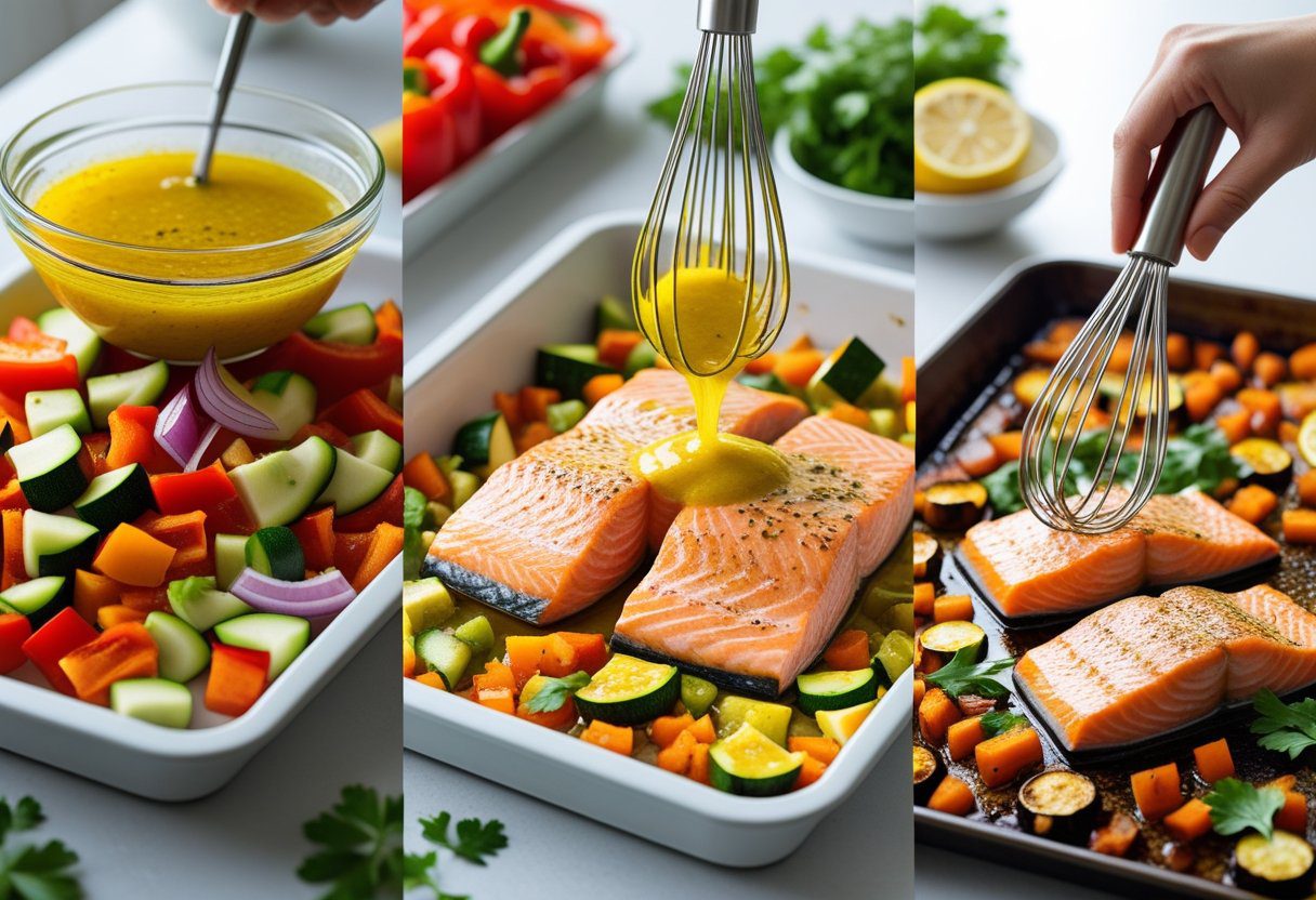process of making Mary Berry salmon tray bake – chopped vegetables, lemon mustard marinade, and salmon fillets assembled for a quick healthy bake