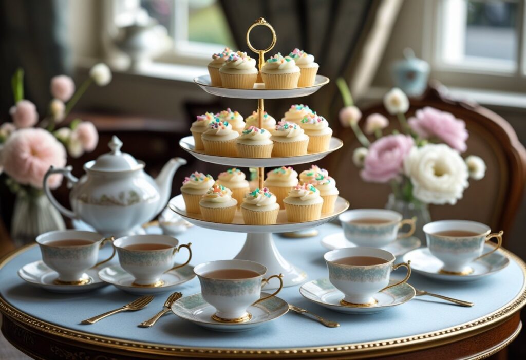 Elegant afternoon tea display with Mary Berry tea time cupcakes, soft British vanilla cupcakes recipe served with tea in a classic teatime dessert setting.